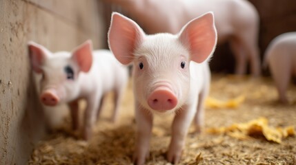 Two adorable pigs stand in a cozy barn. They have soft pink skin and large expressive ears. This farm scene captures the essence of rural life beautifully. Perfect for animal lovers. AI