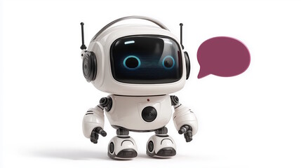 A cute 3D robot with a speech bubble, symbolizing artificial intelligence, chatbots, and communication.