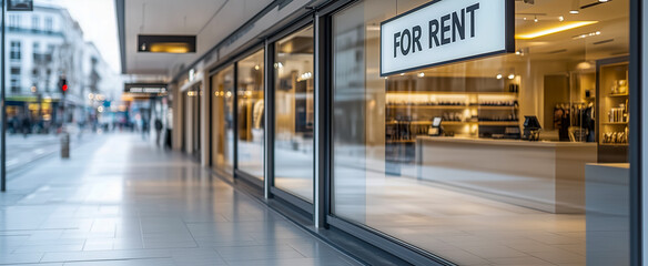 Retail storefront with a noticeable 'for rent' sign displayed prominently