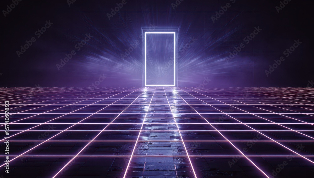 Aufkleber doorway portal glowing frame at end of grid road. mystical clouds in back. sci-fi