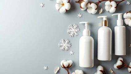 Three white pump bottles surrounded by cotton flowers and snowflakes on a gray background