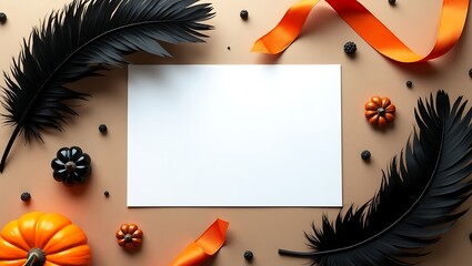 Halloween themed flat lay with white paper pumpkins feathers and orange ribbon on beige background