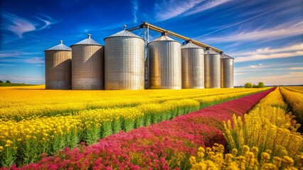Vibrant Blossoms Adorn a Rural Agricultural Landscape Featuring Modern Grain Silos Under a Bright Sunny Sky