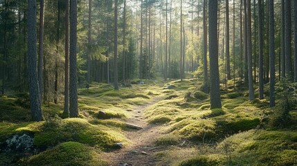 Obraz premium Sunlit path winds through a lush, mossy forest, sunlight filtering through tall trees
