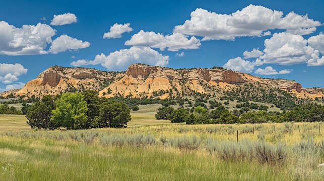 Sunny landscape featuring a striking sandstone formation, punctuated by green shrubs and grasses under a vibrant blue sky dotted with fluffy white clouds - Powered by Adobe