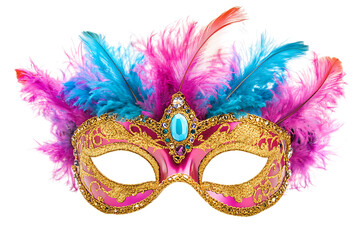 Ornate venetian mask with gold trim, colorful feathers, and jewel accents