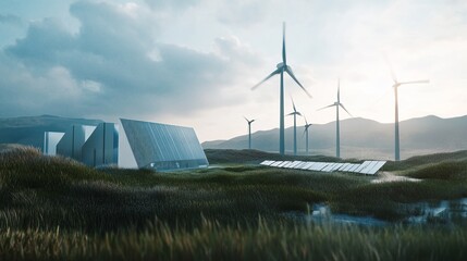 Sustainable energy facility nestled in a serene landscape, featuring wind turbines and solar panels, showcasing clean energy solutions