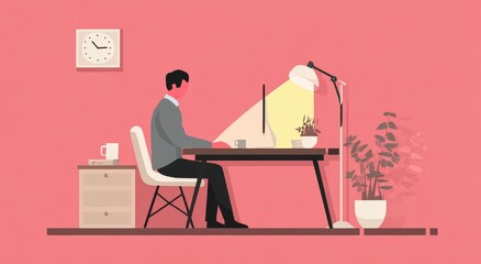 Fototapeta premium Man works at desk in room with plants/clock; possible illustration for remote work
