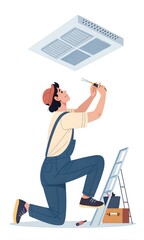 HVAC technician repairing ceiling air conditioner