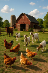 Farm scene with chickens, goats, and a cow near barn