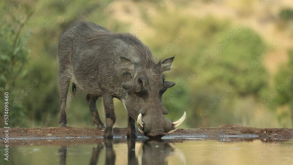 Poster closeup of a male warthog drinking and getting a fright before running out of the frame. filmed from