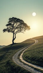 Lone tree winding country road sunset