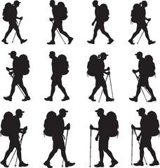 Obraz premium Collection of male hikers with backpacks and trekking poles walking in silhouette