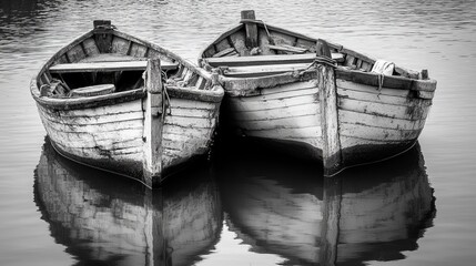 Two weathered wooden rowboats rest peacefully side-by-side on calm water, their reflections mirrored below