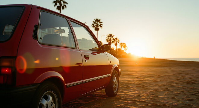 Red Car at Sunset on a Beach A Scenic Coastal Drive