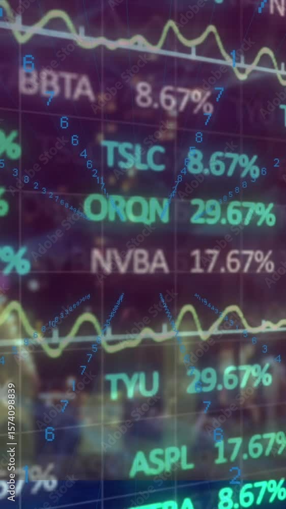 Poster animation of binary coding and stock market data processing against night city traffic