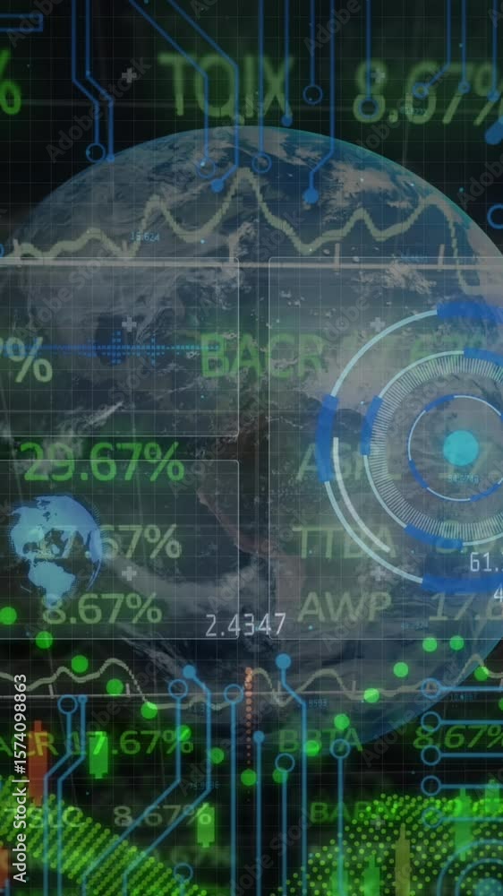 Poster animation of stock market data processing over globe against microprocessor connections