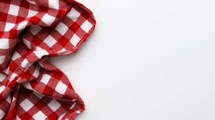 Fototapeta premium Red and white checkered tablecloth on a white isolated background. white background. A pristine checkered cloth red and white squares displays elegantly against a pure backdrop.