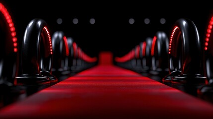 Red carpet runway with bright lights and audience in a defocused background perfect for fashion or event scenes. Glamorous catwalk imagery a vibrant stage soft focus spectators ideal