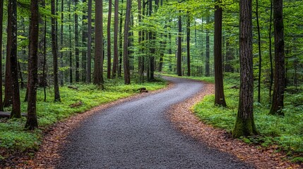 Obraz premium Winding gravel path through a lush, green forest with tall trees and mossy ground. Sunlight filters through the canopy
