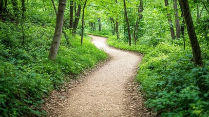Fototapeta premium Winding path through a lush, green forest, sunlight dappling the leaves. A tranquil scene evokes peace and serenity