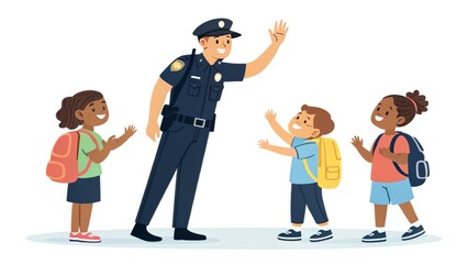 Police officer greeting children at school