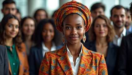 A diverse group of people with a woman in front wearing a colorful headwrap and patterned jacket