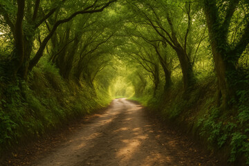 Obraz premium Serene forest path with lush green trees on either side