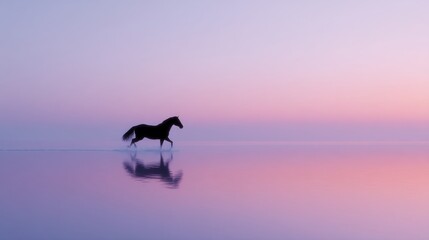 A majestic horse walks gracefully through a serene landscape. The gentle pastel colors create a calm atmosphere. This image captures beauty and tranquility. AI
