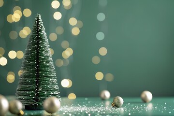 Minimalist Christmas Tree with Sparkling Baubles and Soft Holiday Lights on Green Background