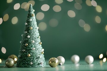 Minimalist Christmas Tree with Sparkling Baubles and Soft Holiday Lights on Green Background