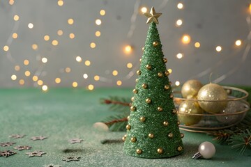 Minimalist Christmas Tree with Sparkling Baubles and Soft Holiday Lights on Green Background