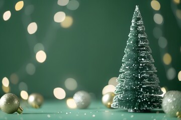 Minimalist Christmas Tree with Sparkling Baubles and Soft Holiday Lights on Green Background