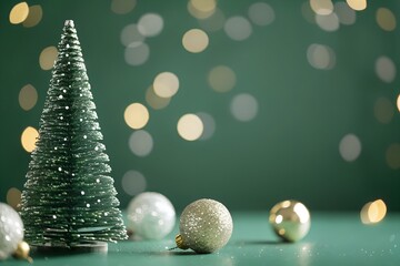 Minimalist Christmas Tree with Sparkling Baubles and Soft Holiday Lights on Green Background