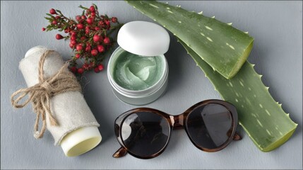 Aloe Vera Skincare Products Flat Lay Green Balm, Lip Balm, Sunglasses and Berries