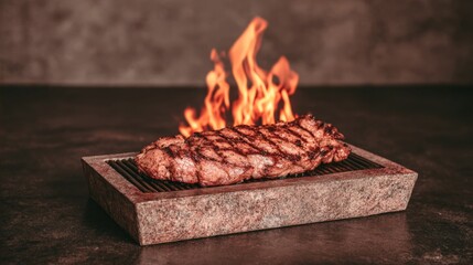 Grilled Steak on Granite Grilling Stone with Flames