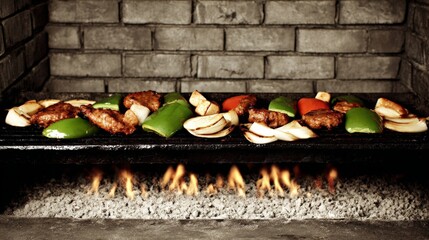 Grilled Meat and Vegetables on a Griddle Over Open Flames
