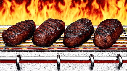 Four Juicy Steaks Grilling Over Flaming Barbecue