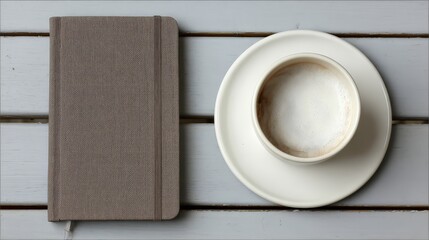Minimalist Flat Lay Closed Notebook and Coffee Cup on Gray Wood