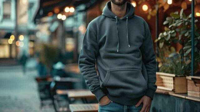 A person in a hoodie standing outside a restaurant, suitable for use as a background or contextual element