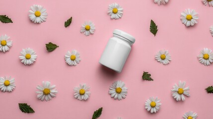 White Jar with Daisies on Pink Background