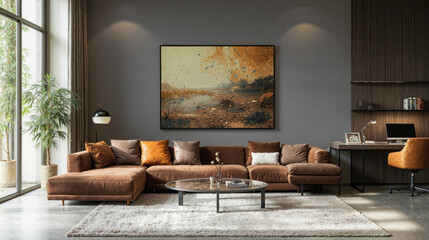 Cozy modern living room with brown sectional sofa wall art indoor plant and home office corner