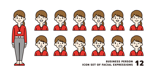 名札ホルダーをかけた30代女性社員の、いろいろな表情のアバターアイコン素材セット＿ベクター＿カラー
