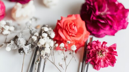 Dried and Fresh Flowers on White Background