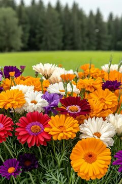 Vibrant Flower Bed with Colorful Blossoms Amidst Lush Greenery