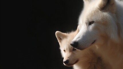 Two beautiful white wolves stand together in a close-up portrait. One is larger than the other. Their fur glistens in the light. This image captures their strong bond and serene nature. AI
