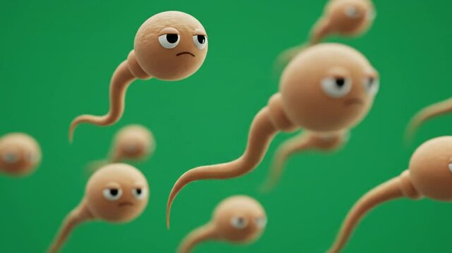 Animated sperm cells against solid green background frustrated expressions digital illustration for educational or scientific use