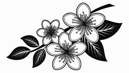 Fototapeta premium Stylized black and white illustration of cherry blossoms and leaves on a branch