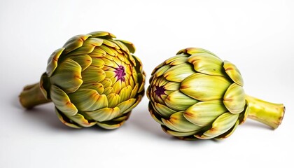 Obraz premium Two artichokes, close-up, pristine white background, Mediterranean, fresh
