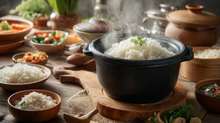 A view of a traditional Thai rice cooker steaming fragrant jasmine rice, with surrounding dishes and ingredients prepared for a family meal.